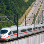 Europe, Germany, Rhineland-Palatinate, high-speed train ICE 3 on the high-speed line Frankfurt on the Main to Cologne parallel to the Autobahn A3 near Neustadt Wied, Hallerbachtal bridge. Europa, Deutschland, Rheinland-Pfalz, ICE3 auf der Hochgeschwindigkeitsstrecke Frankfurt am Main nach Koeln parallel zur Autobahn A3 bei Neustadt Wied, Hallerbachtalbruecke.