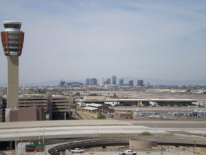 Sky Harbor control tower with downtown Phoenix